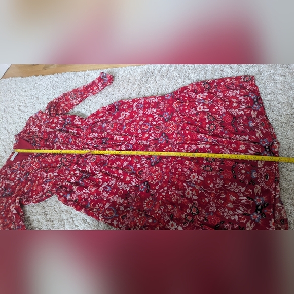 Loft Clip Floral Boho Red Chiffon Midi Dress, Size L, long Sleeves, V-neck - Picture 3 of 13